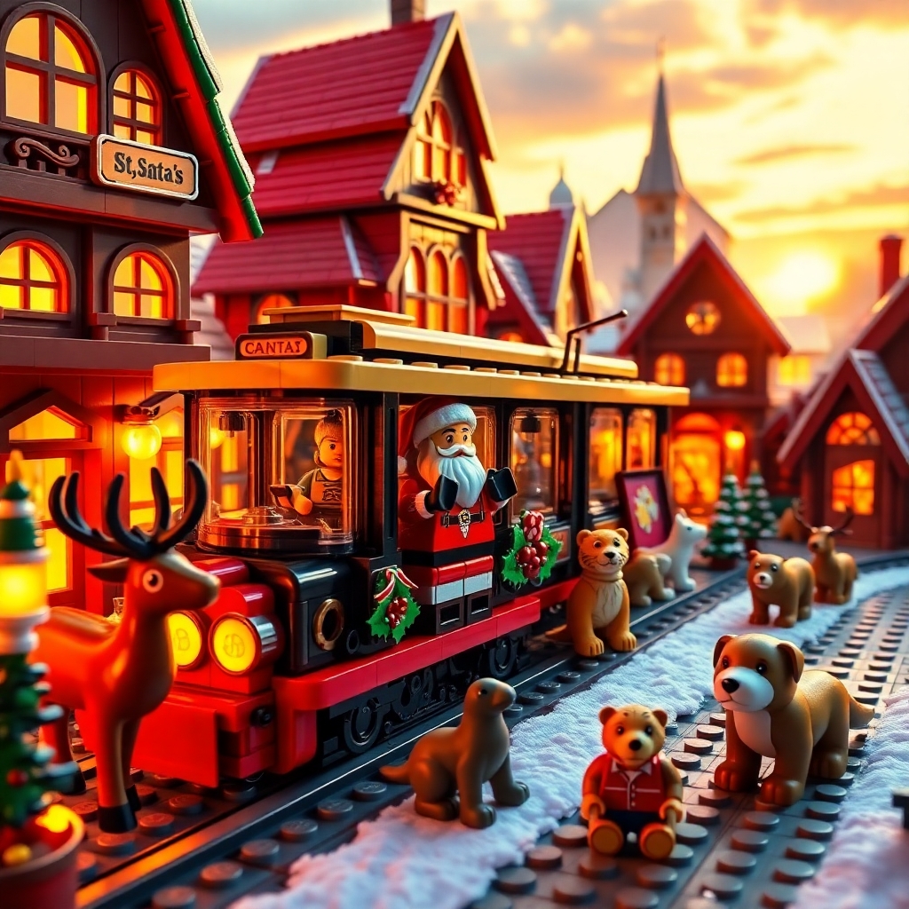 Epic, professional photograph of a futuristic Lego Santa's village at golden hour.  Santa, a Christmas tram, and various cute animals a reindeer, teddy bear, seal, tiger, and dog are present, surrounded by Lego houses.jpg